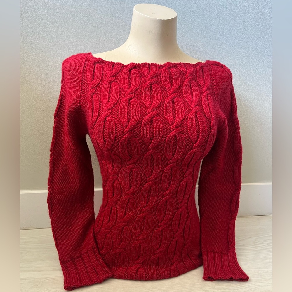 100% Wool Women’s Red Cable Knit Sweater Off the shoulder
